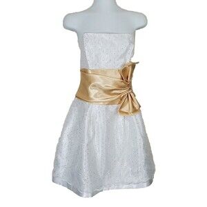 Jessica McClintock Gunne Sax Dress 9 White Sequin Gold Bow Prom Cocktail 90s